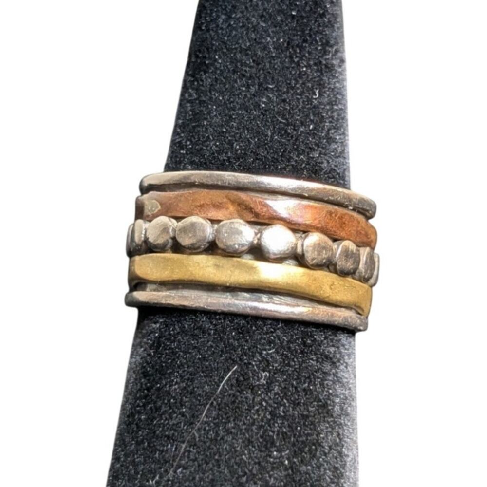 Hand Crafted Sterling Silver Brass Copper Wide Band Spinner Ring Size 6.25
